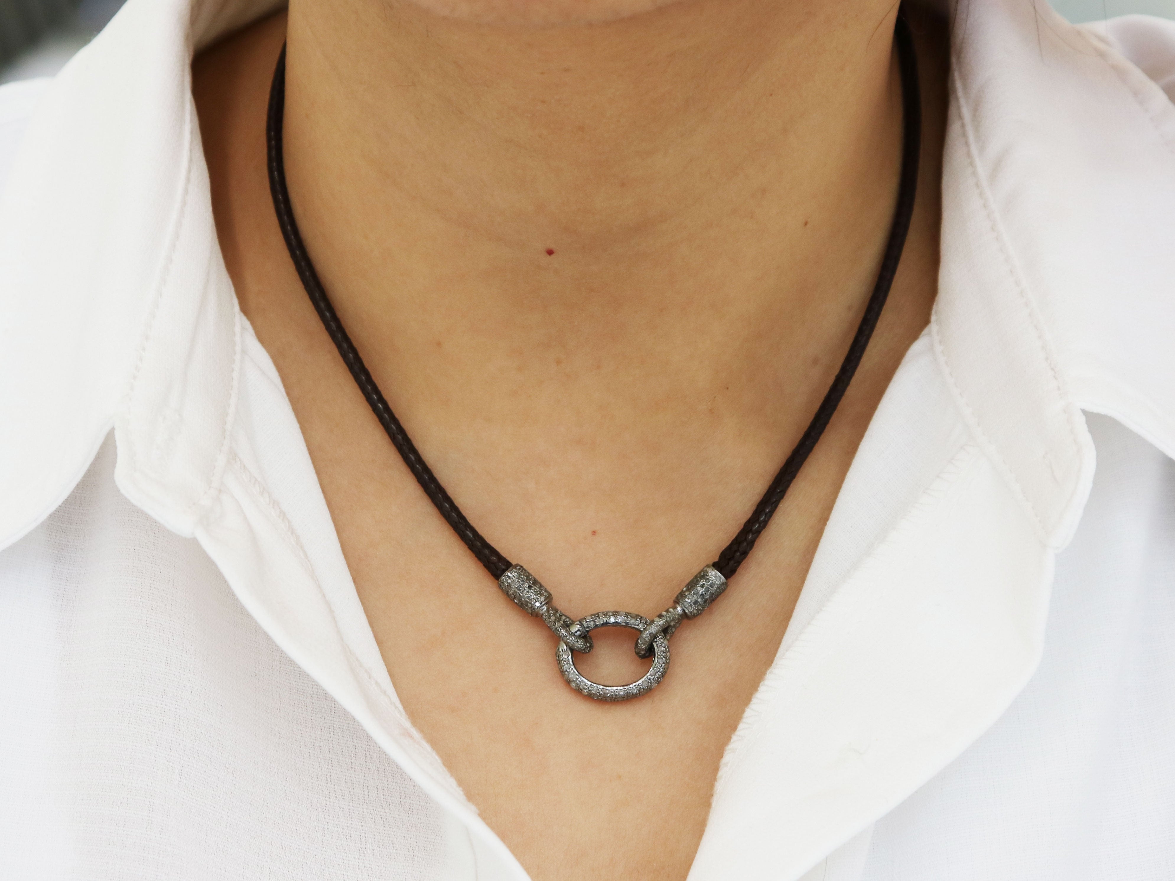 Double Circle Hollow Leather Cord Necklace. Long Necklace with Big Pendant  | Stones From Nature